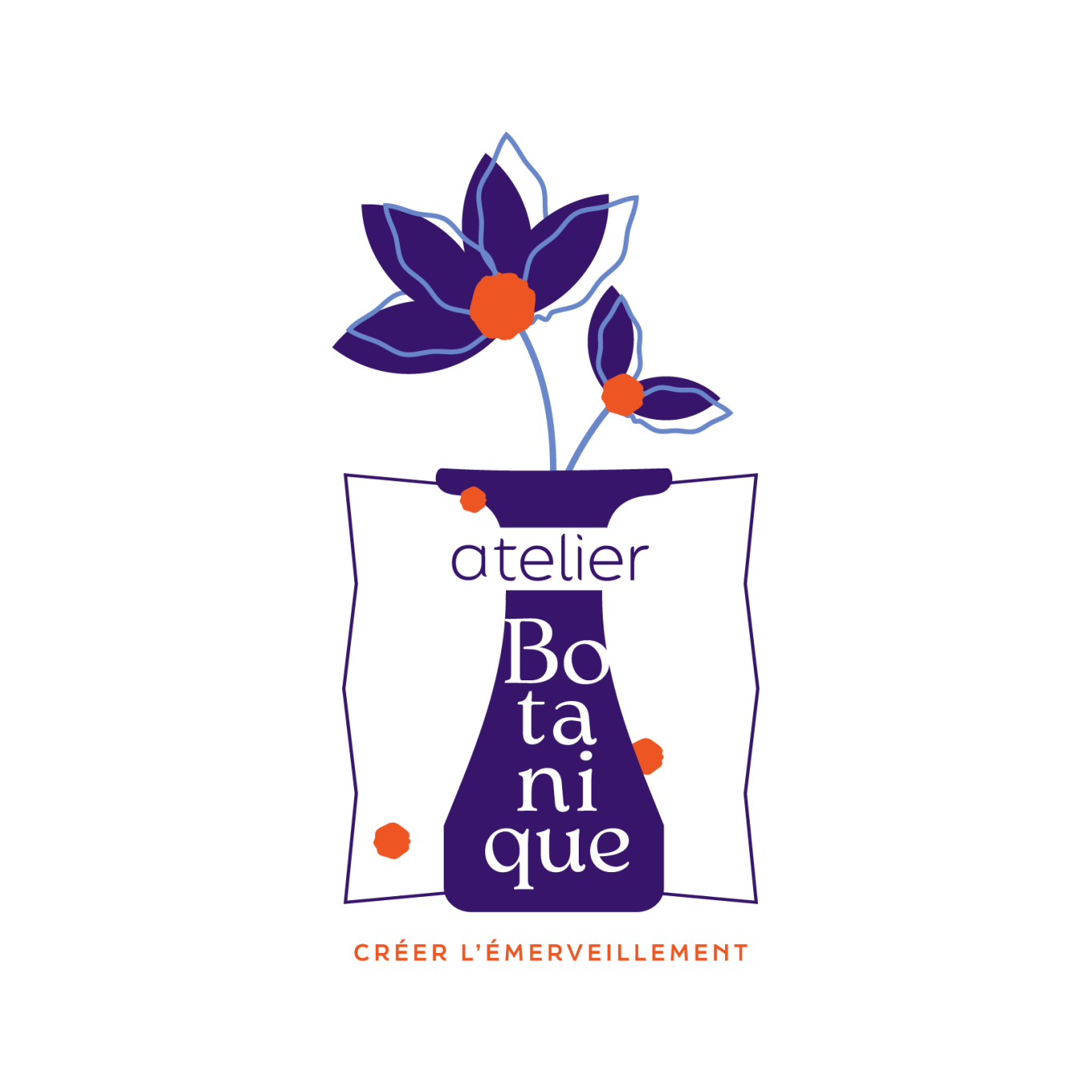 Atelier Botanique Logo d'un atelier botanique avec une fleur stylisée et un vase coloré.