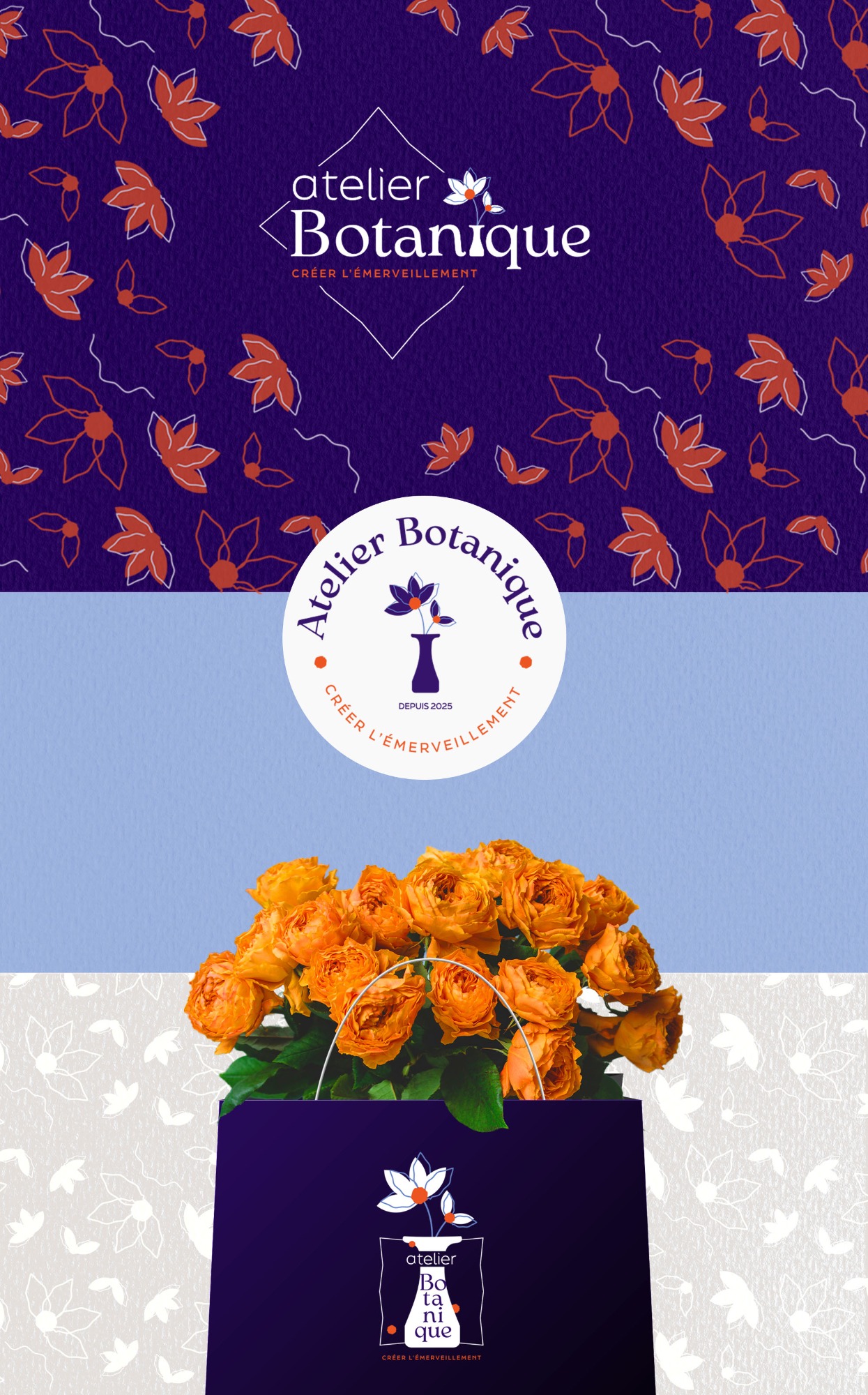Atelier Botanique Fleurs orange dans un pot violet sur fond de motifs colorés.